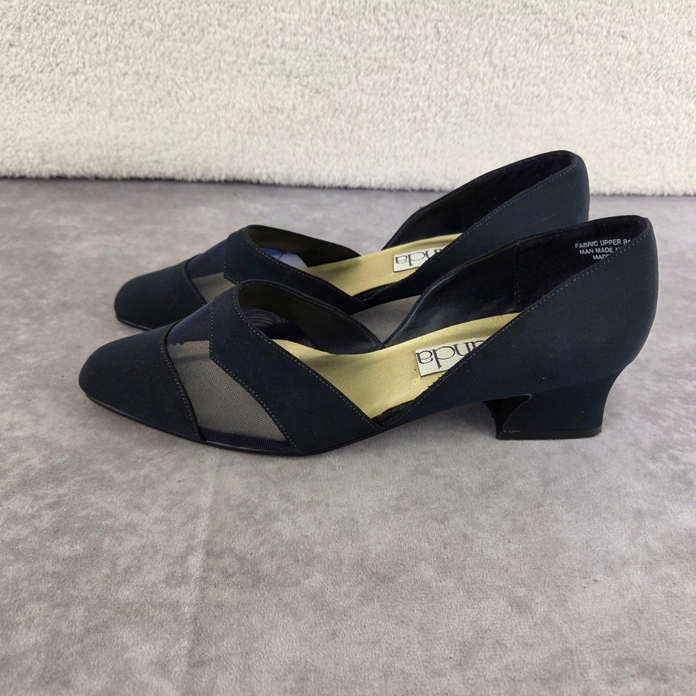Amanda Lapis Navy Fabric Mesh Panel Pointed Toe Block Heel Pumps Mens 9 M 891302